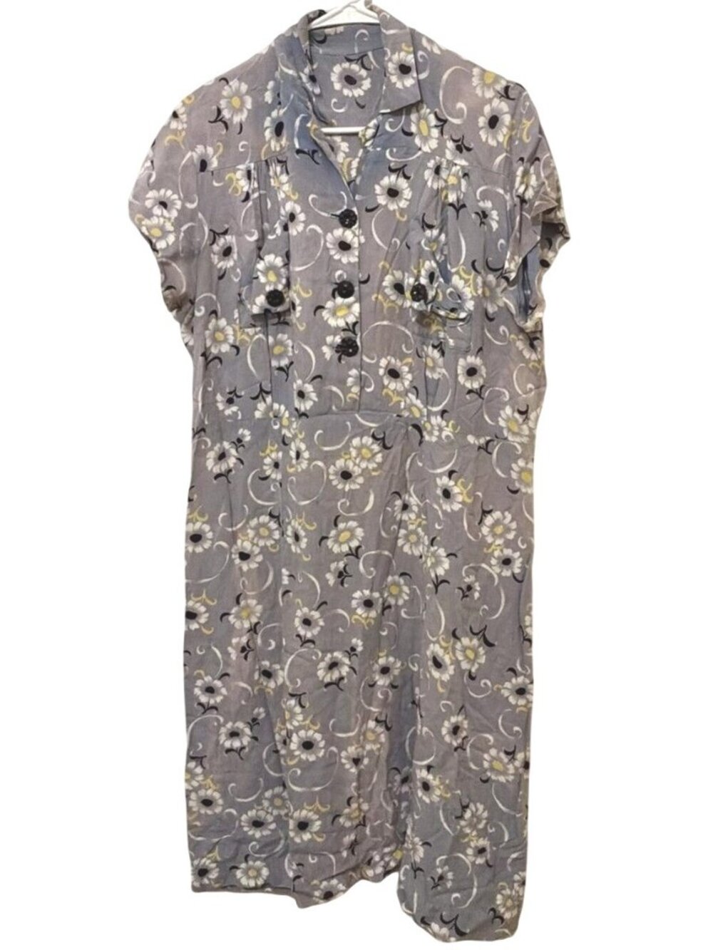 Vintage 1940s Gray Daisy Floral Cotton Day Dress